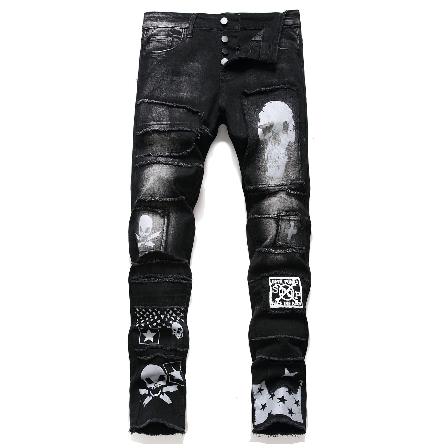 European And American Style Fashion Casual Youth Printed Black Men's Slim Stretch Cotton Jeans