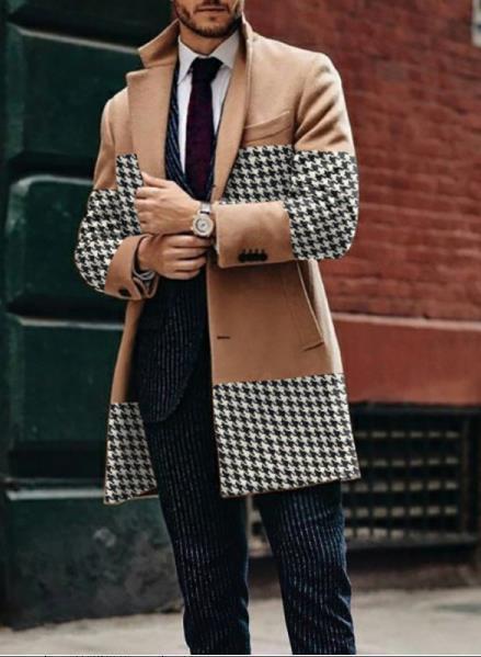 Men's Printed Patchwork Contrast Wool Top Coat